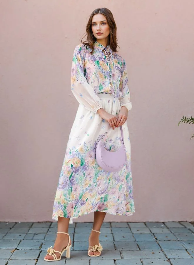 2Xtremz 2Xtremz Floral Print Top with Tie-Up Neck and Long Sleeves